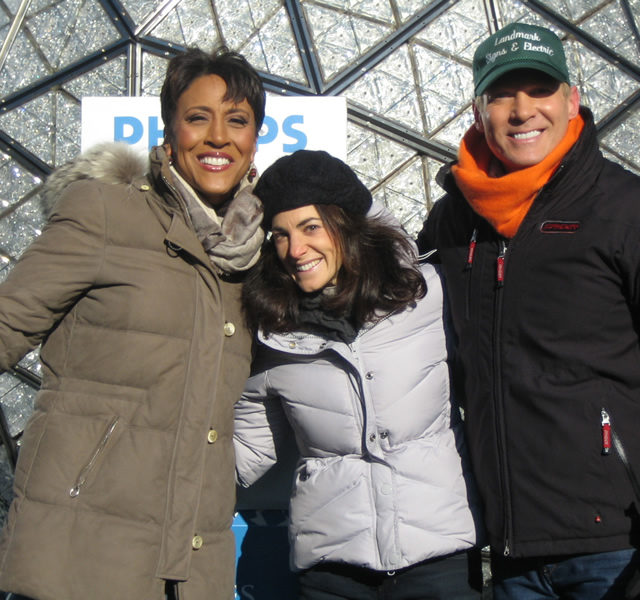 Susan with Good Morning America host Robin Roberts and weatherman Sam Champion at the Times Square Ball in New York City